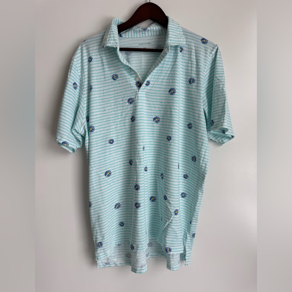 B. Draddy light‎ blue daisy floral striped short-sleeve golf polo men medium